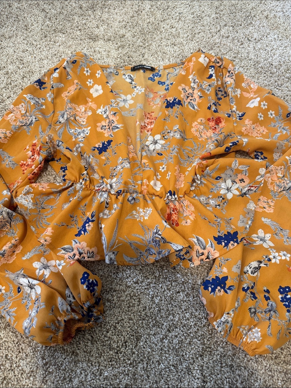 Fashion Nova Floral V-Neck Smocked Waist Blouse - Mustard